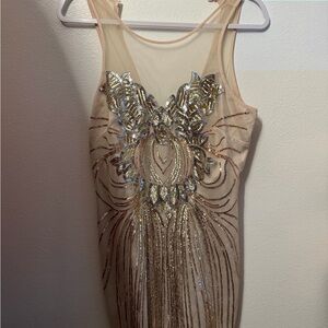 BEBE Beaded Nude Illusion Sheath Dress